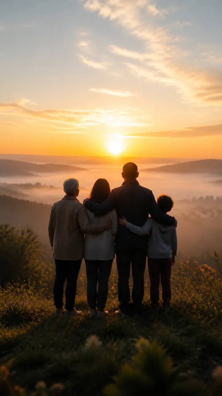 Família caminhando em uma paisagem iluminada