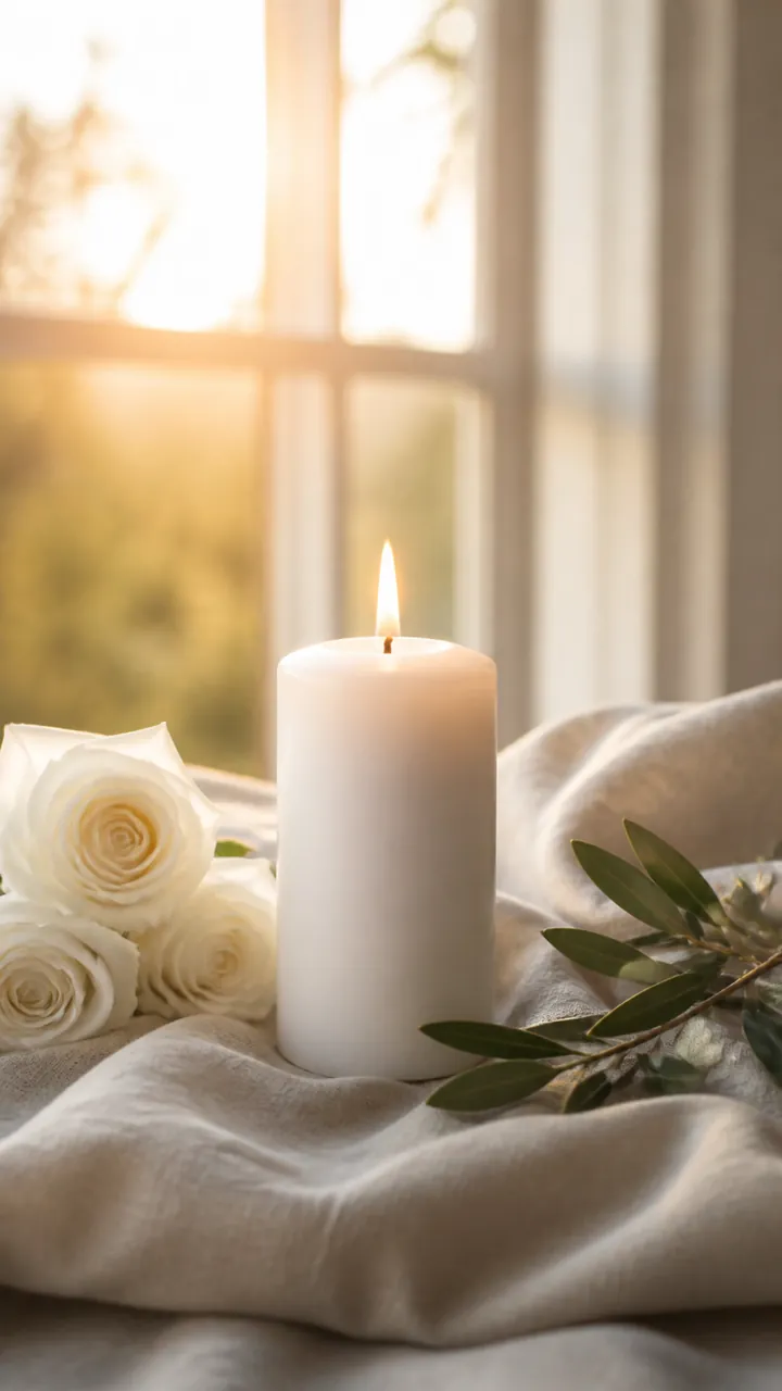 Vela e rosas em luz suave de amanhecer